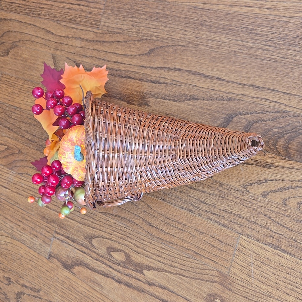 Thanksgiving Cornucopia Horn of Plenty Wicker Basket with Faux Flora - Picture 13 of 13